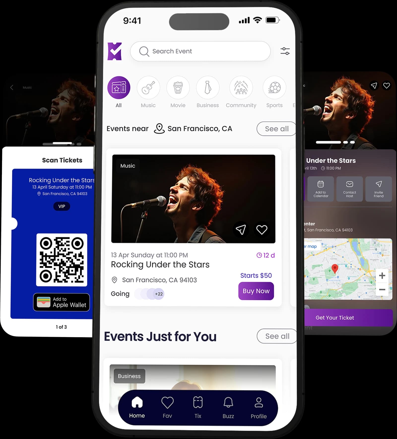 The TixFix app: discovering events, a ticket with its QR code and Apple Wallet pass, and an event detail page