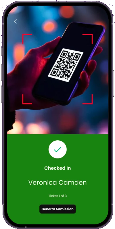 Scanner Mode confirming a checked-in ticket for Veronica Camden, ticket 1 of 3, general admission