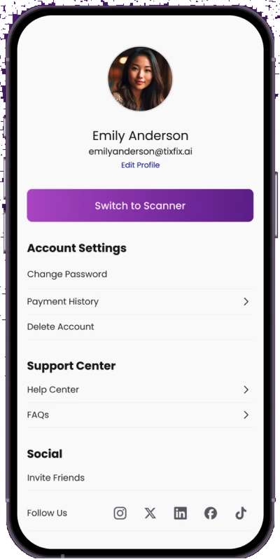 The TixFix account screen with a Switch to Scanner button