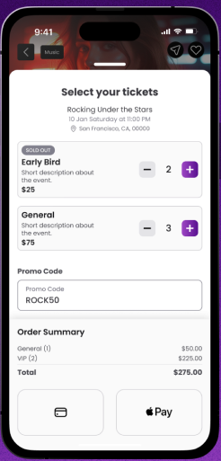 TixFix ticket selection screen with tiers, promo code and Apple Pay