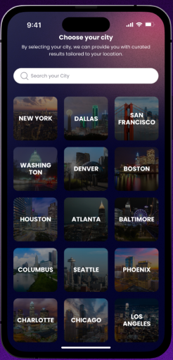 TixFix city picker showing US cities