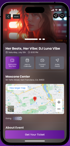 TixFix event detail screen with venue map and ticket options