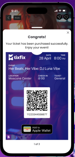 TixFix ticket confirmation with a QR code and Add to Apple Wallet