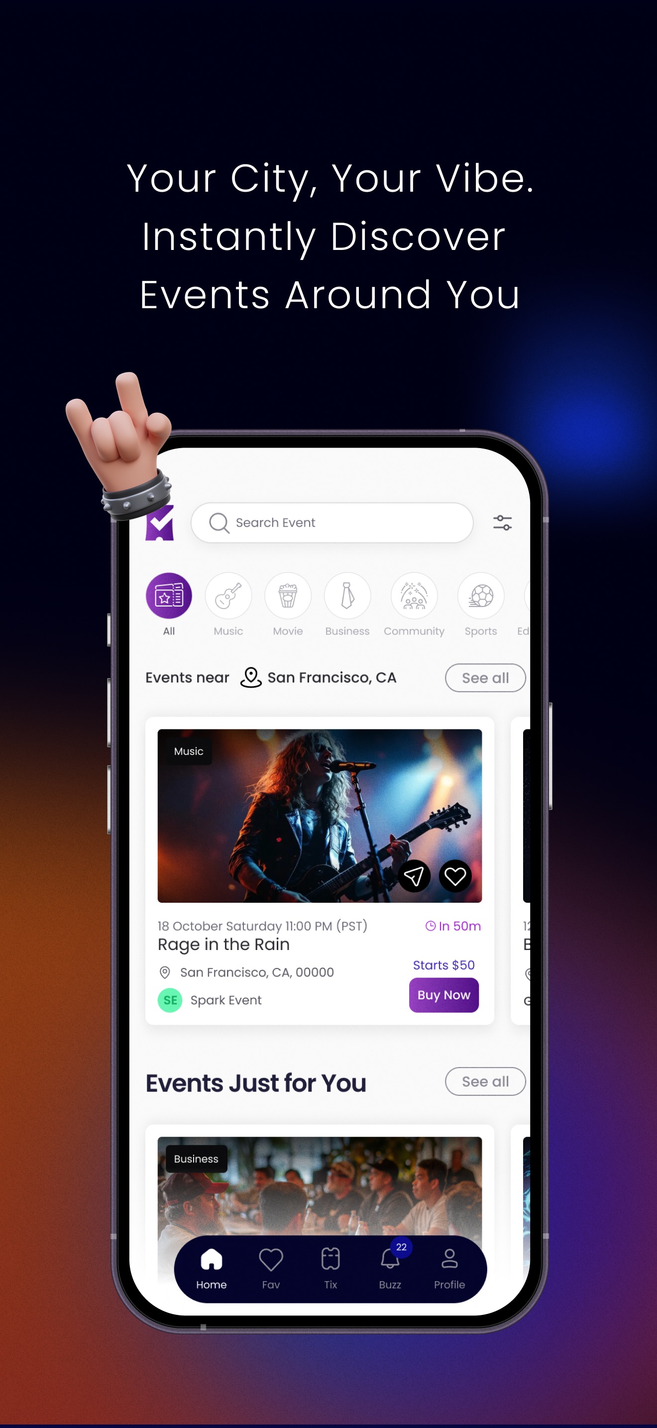 TixFix mobile app — discover events feed