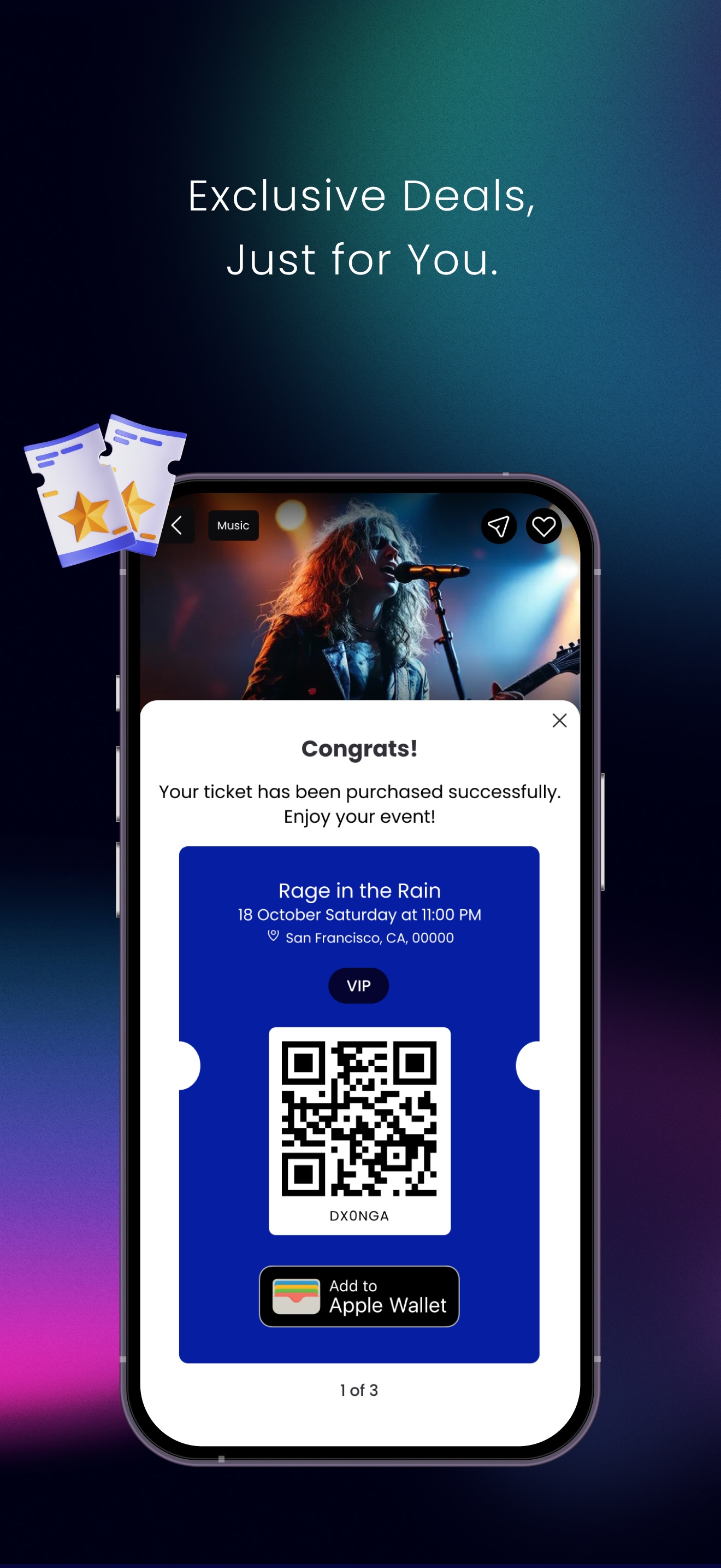 TixFix mobile app — ticket confirmation with QR code and Apple Wallet